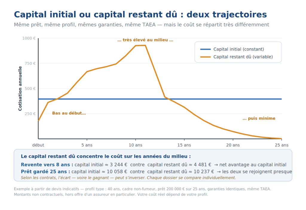 Comparaison de la cotisation d'assurance emprunteur sur capital initial ou capital restant dû selon l'horizon de détention.